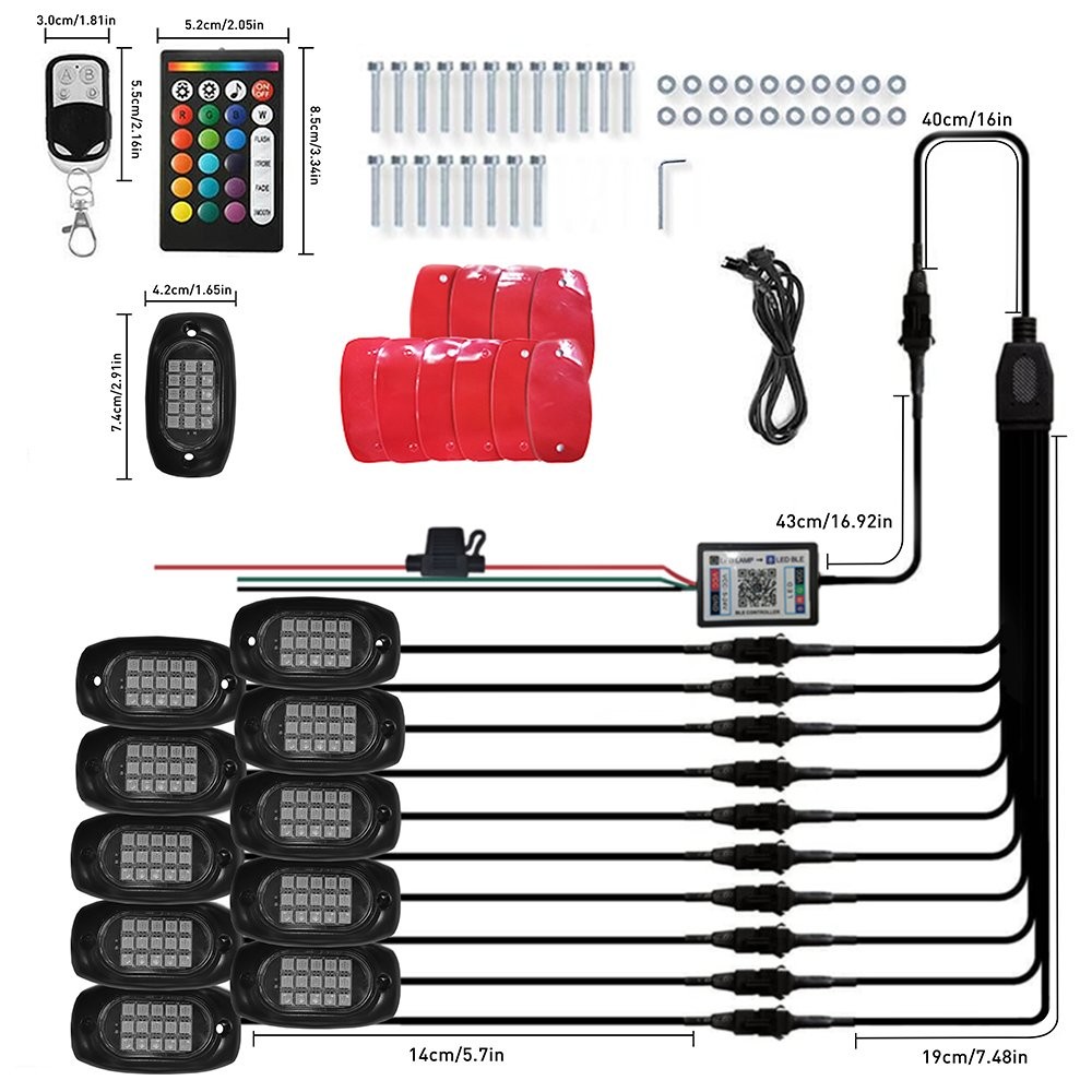 12V 10Pods RGB Rock LED Lights Underbody Wireless APP Music Chasing Offroad ATV