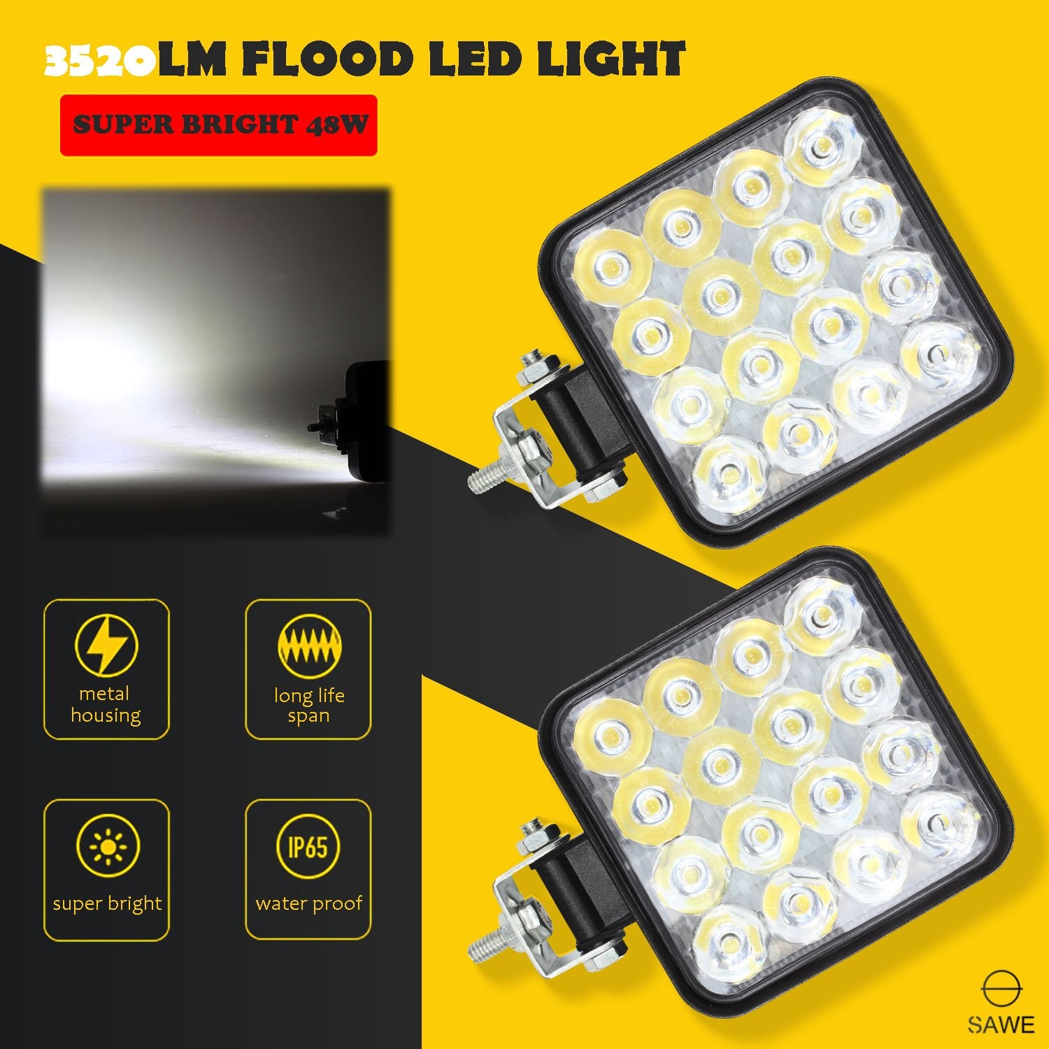 2 x 48W LED Work Light Truck OffRoad Tractor Flood Lights 12V 24V White ATV SUV