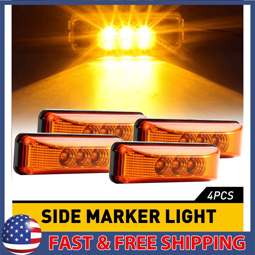 3-LED 4pc Amber Side Marker Lights Clearance Lights Truck Trailer Bright Durable