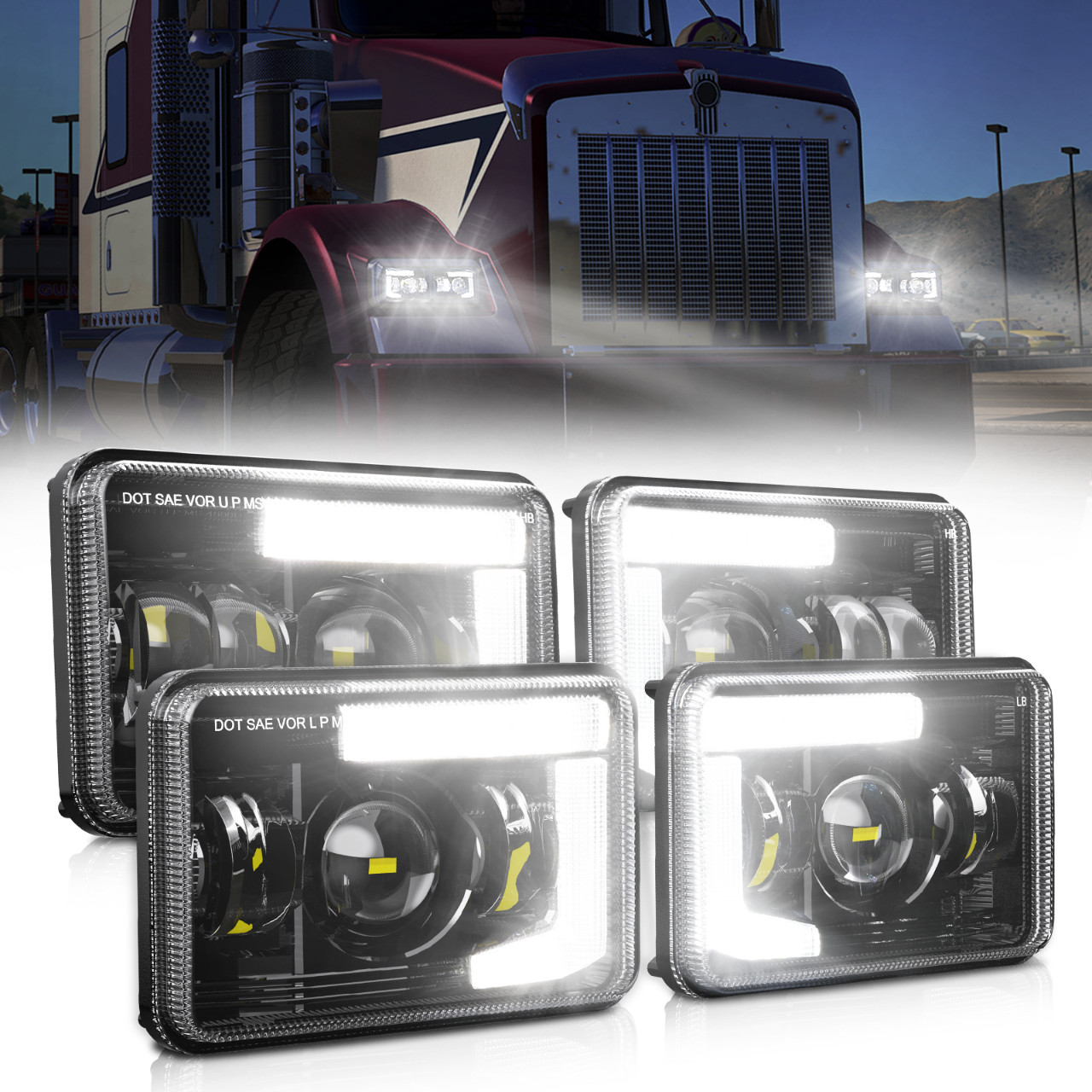 AUXBEAM DOT 4×6“ LED Headlights DRL For Kenworth T800 W900 Freightliner FLD120