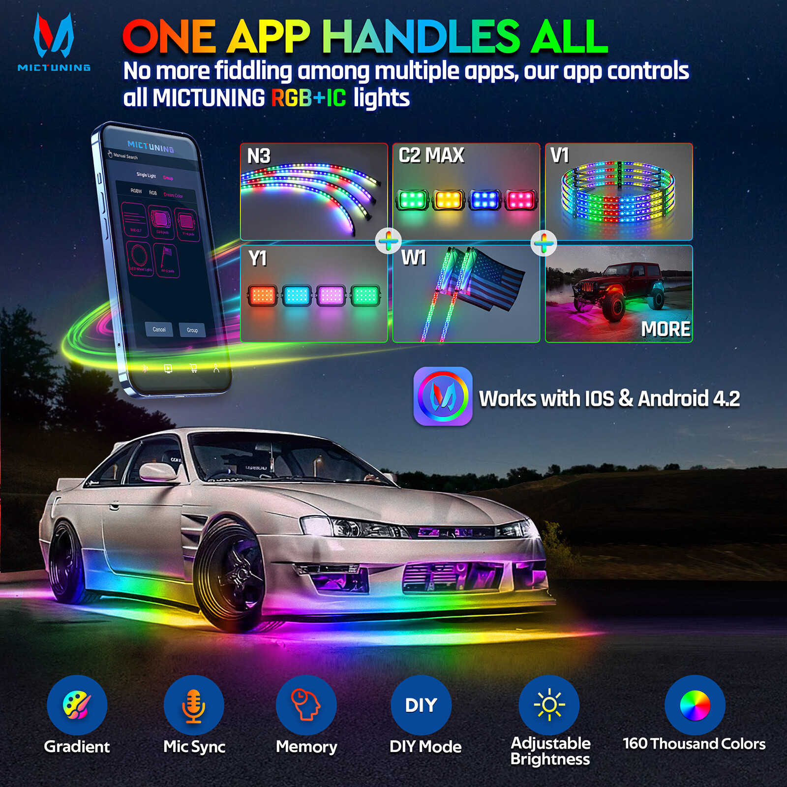 N3 Dream Color RGB Car Light Strips, Underglow Underbody Neon Chasing Light IP67
