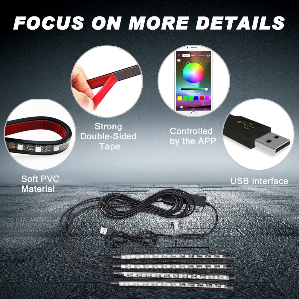 1T4 RGB LED Glow Interior Car Lamp Under Dash Inside Footwell Seats Lighting APP
