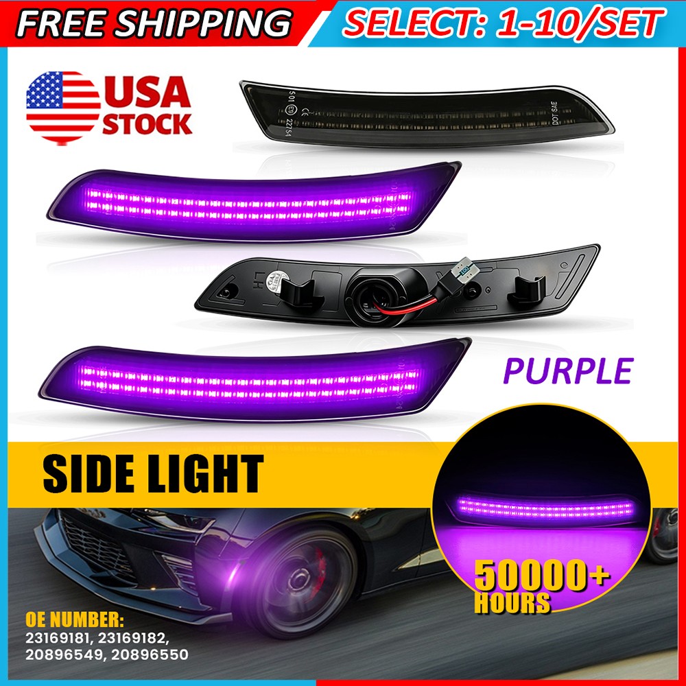 4-40x Purple LED Bumper Side Marker Light Front Rear For Chevy Camaro 2016-2023