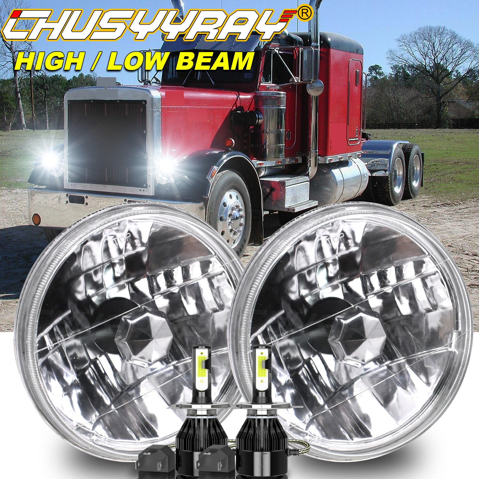2Pc 7″ inch Black Round LED DRL Headlight Hi-Lo Beam For Peterbilt 379 359 Truck