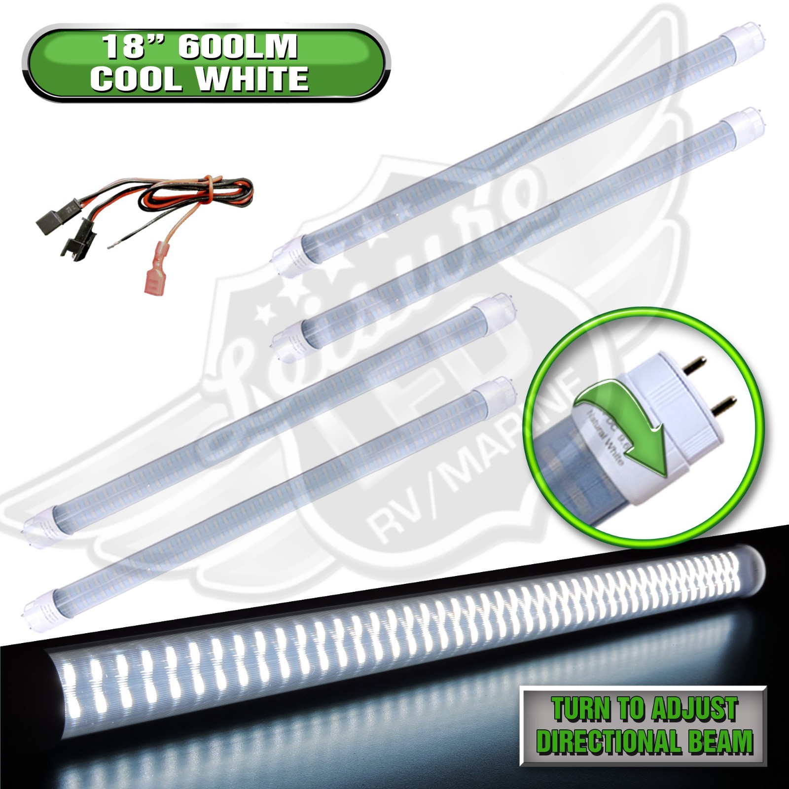 4PC 12V DC RV Marine F15T8 LED Tube Light 9W 18″(17-3/4″ pin to pin) CW 600 lm