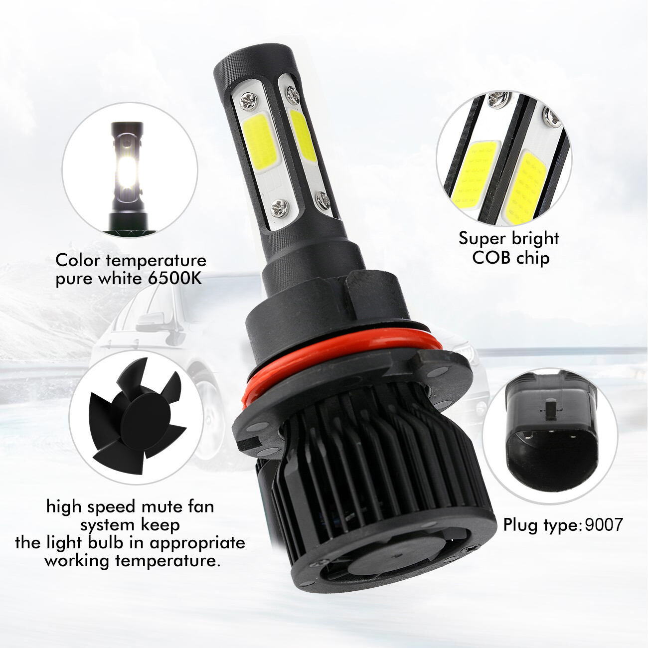 4-sides 9007 LED Headlight Bulbs for Dodge Ram 1500 2500 3500 2003-05 Hi-Lo Beam