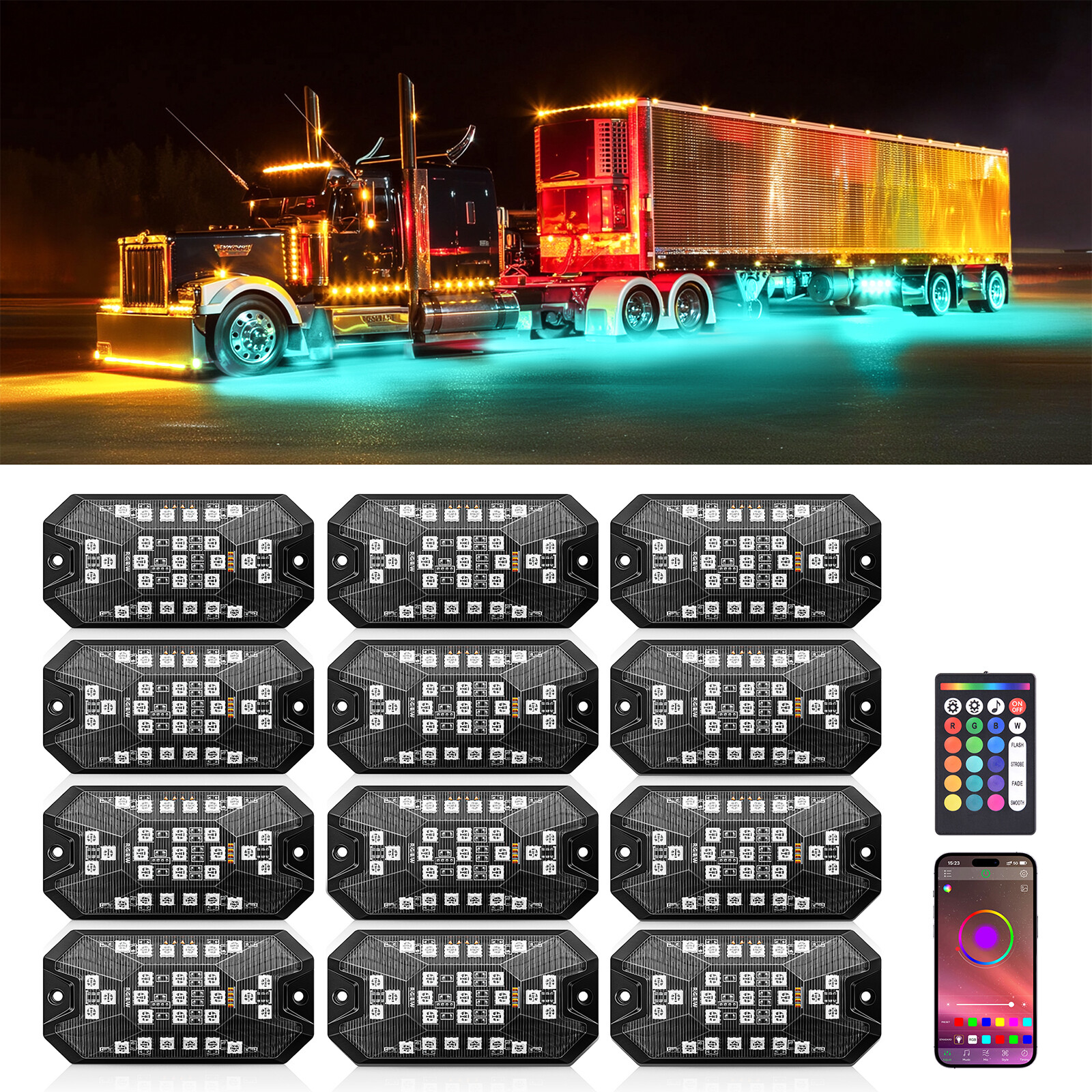 12 Pods Full Angle RGBW LED Rock Lights Wheel Well Lights APP/RF Remote Control