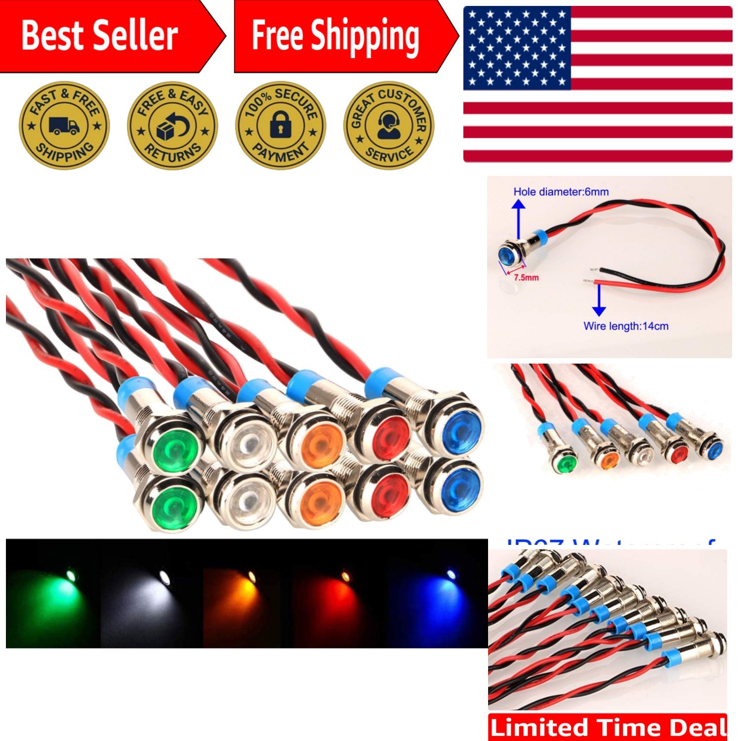 10pcs Waterproof Multicolor LED Indicator Lights for Car & Boat – AC/DC 12-24V