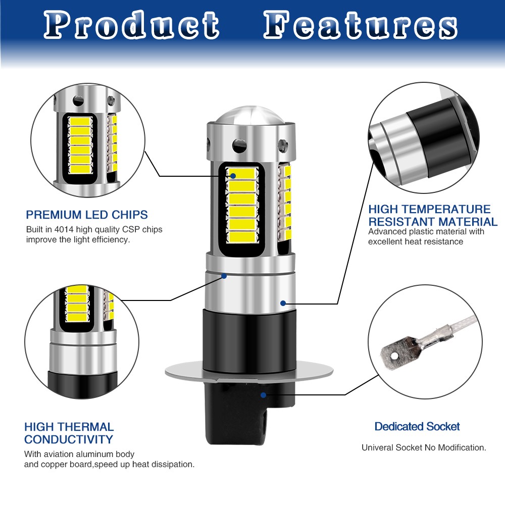 2x H3 LED 100W Extremely Bright 6000K Cool White Fog Light Lamp Driving Bulbs