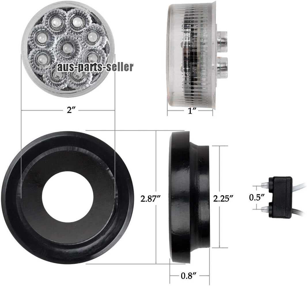 5 White Round 2″ Side Marker Lights Clearance 9 LED Truck Trailer Lamps w/ Plugs