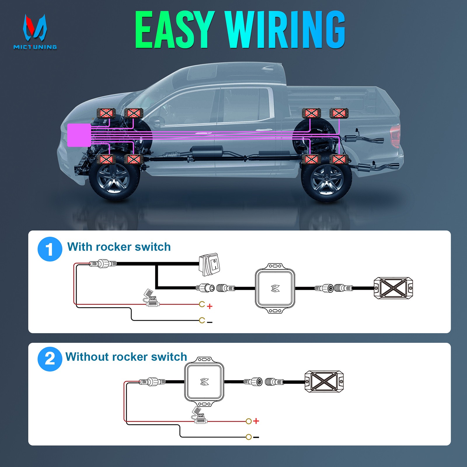 MICTUNING RGB Rock Lights 4 Pods Underglow Underbody Neon Lights for Truck ATV
