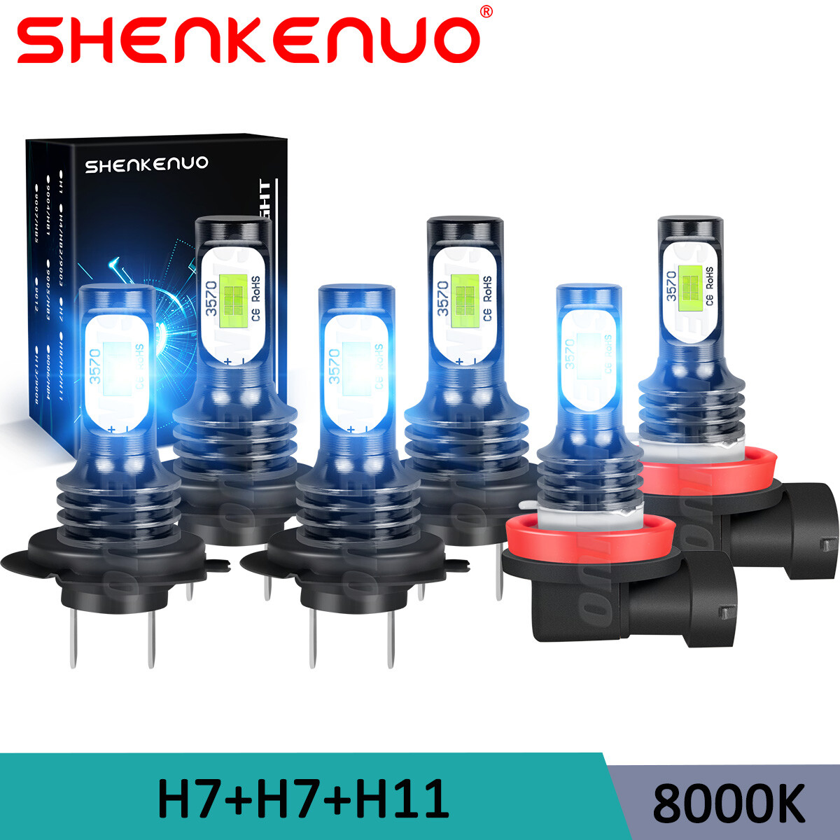 6Pcs LED Headlight High Low Beam Light + Fog Lights Bulbs Kit 8000K H7+H7+H11