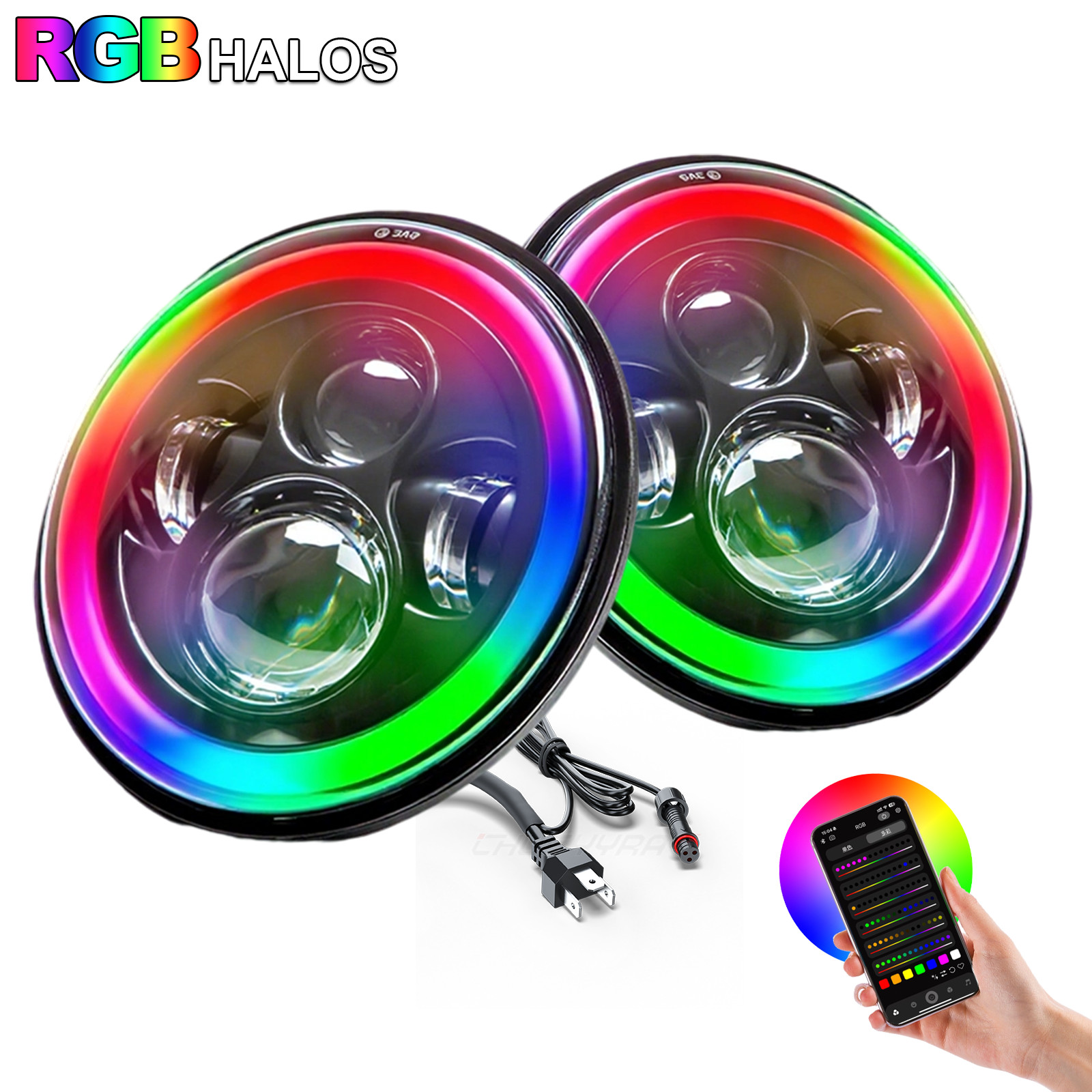 New Pair 7inch RGB LED Round Headlight Hi/Low Beam for Peterbilt 379 359 Trucks