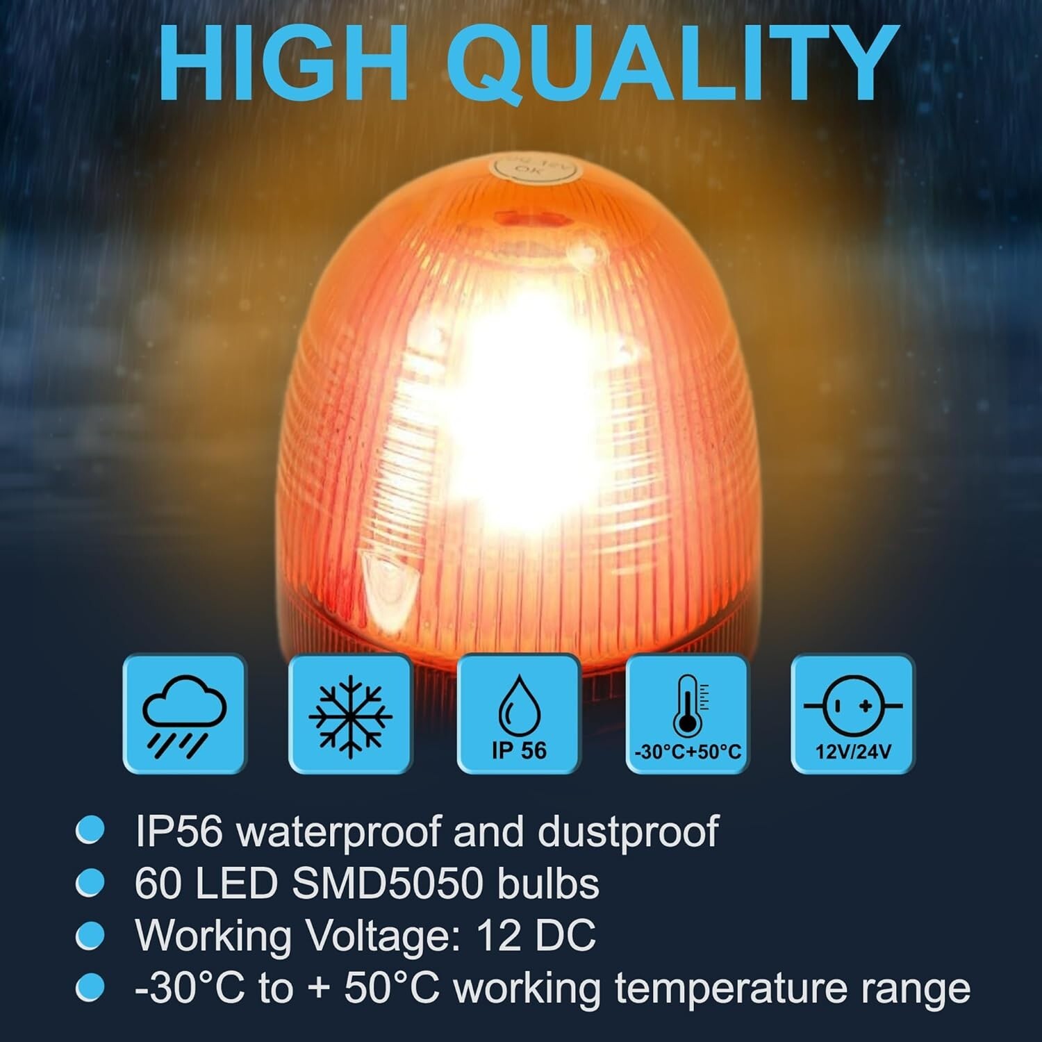 HQRP Amber Mini Beacon 60 LEDs SMD5050 Strobe Light 12V 360 Degrees Flash Lamp