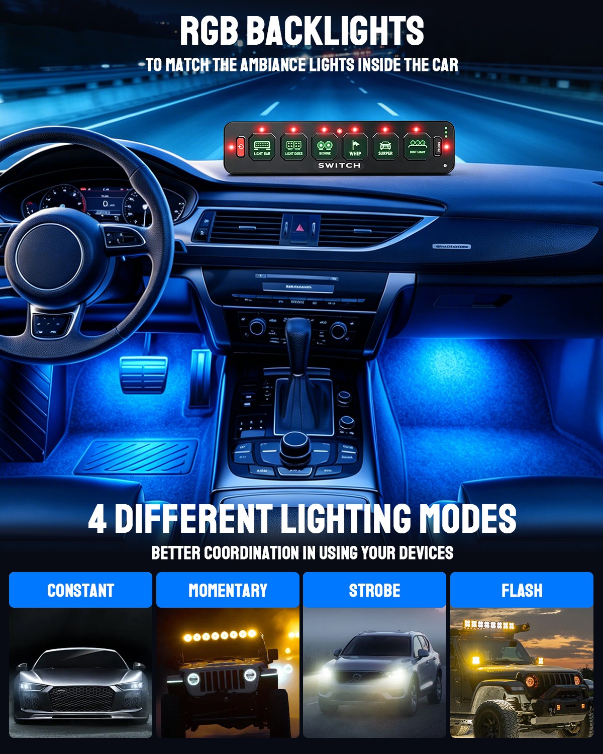 RGB Slim 6 Gang Switch Panel Constant Momentary Strobe Flash Control System Box