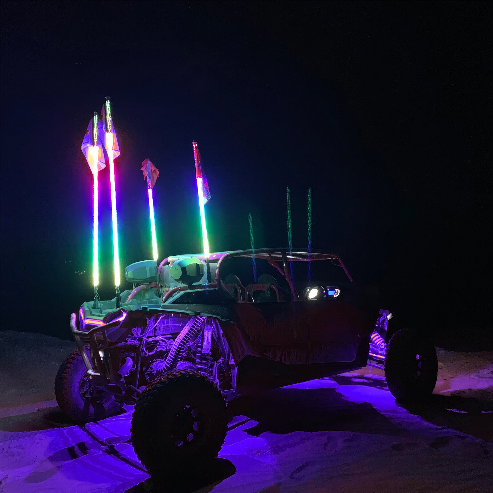 1Pair 3ft/4ft RGB-IC LED Whip Lights 360° Antenna Flow Lamp w/Remote For UTV ATV
