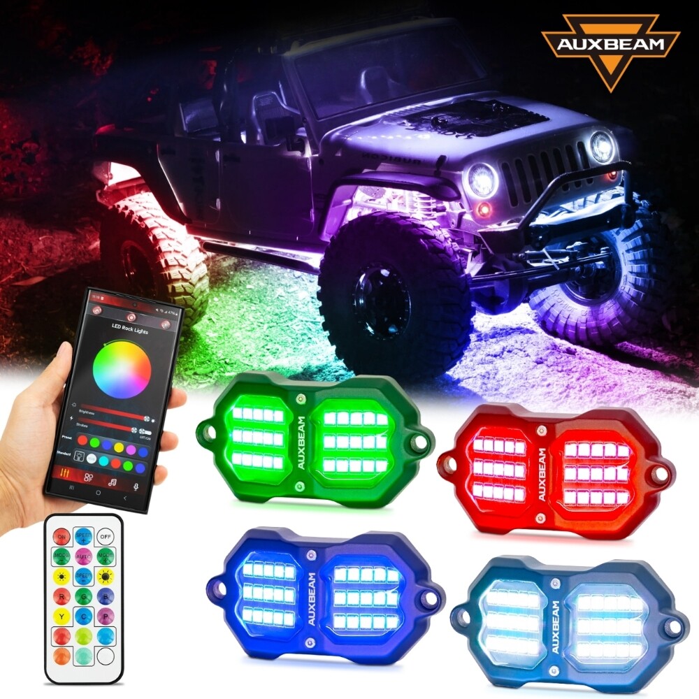 AUXBEAM For Jeep Wrangler JKU JK 4 Pods RGB LED Neon Rock Lights Underbody 48W