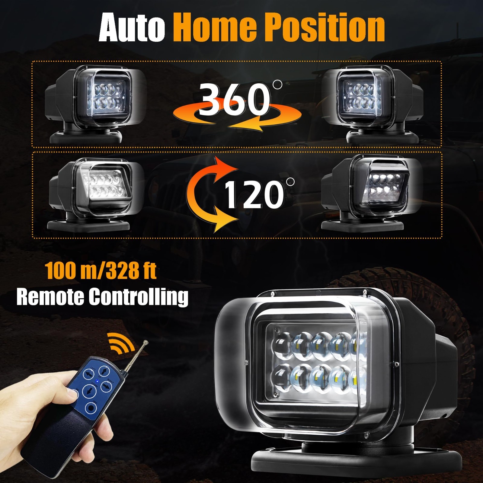 Remote Search Lights for Truck, Auto-Reset 360 Rotating, LED, 6 Built-in Magnets