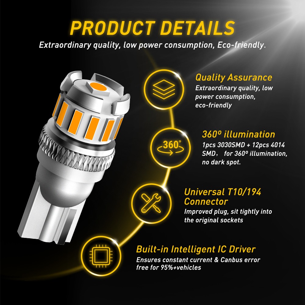 AUXITO 168 194 192 2825 T10 LED Side Marker Light Bulbs Amber Canbus Error Free