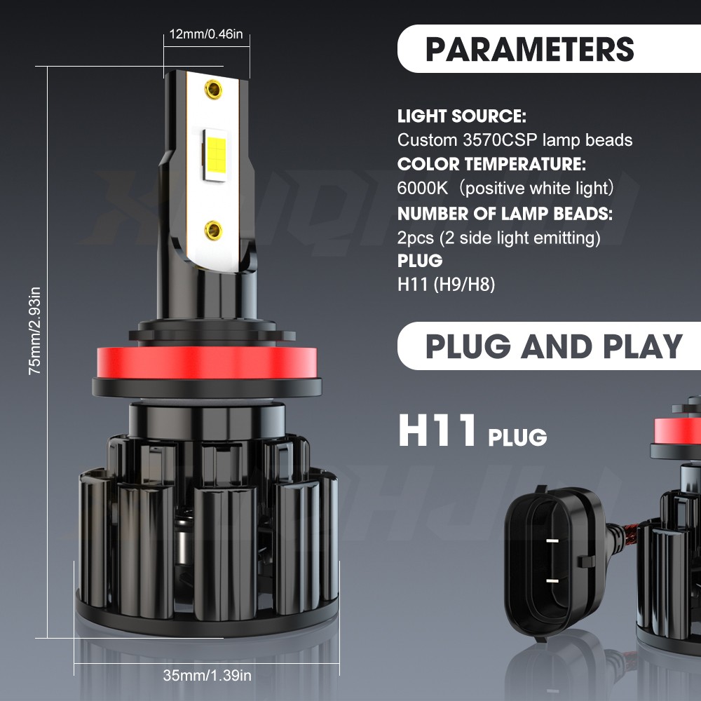 2pcs H11 LED Headlight Low Beam Bulb 5000K 6000LM
