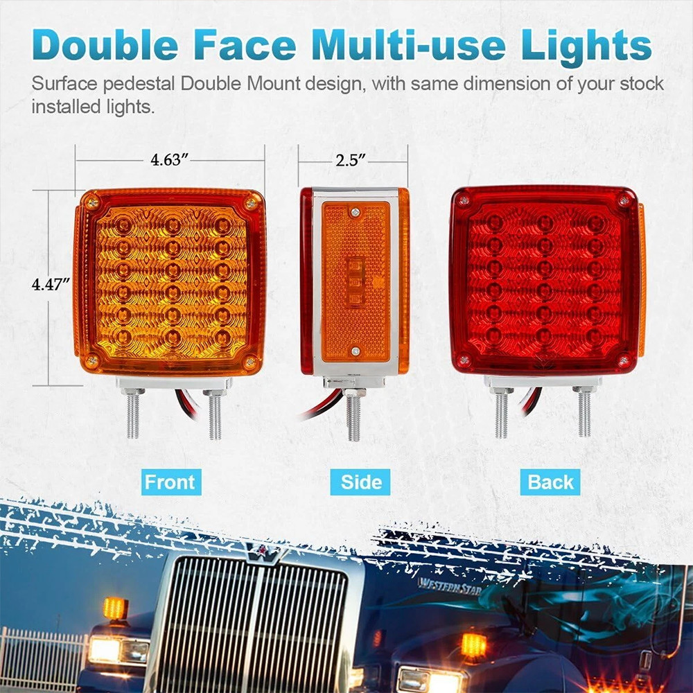 2X Amber+Red Square 39LED Double Face Stud Mount Cab Fender Turn Signal Lights