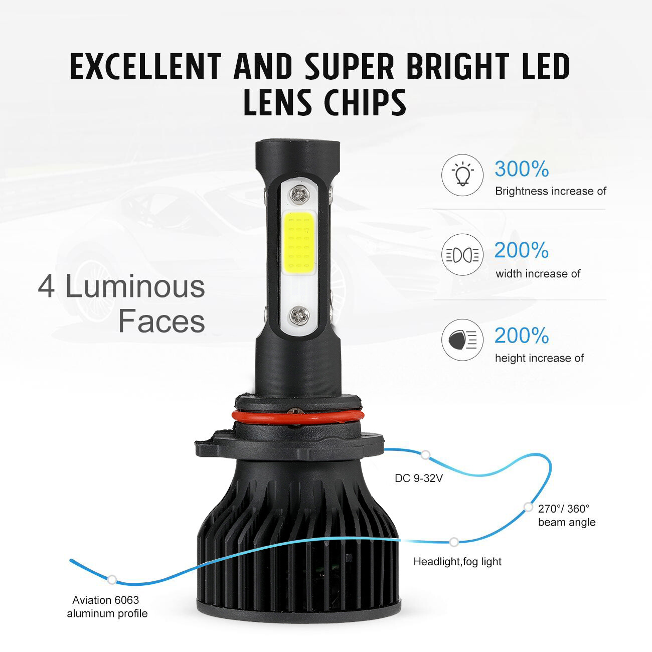 4 Sides LED Headlight Kit Fog Light Bulbs H11 9006 9005 9012 H13 9007 9004 9145