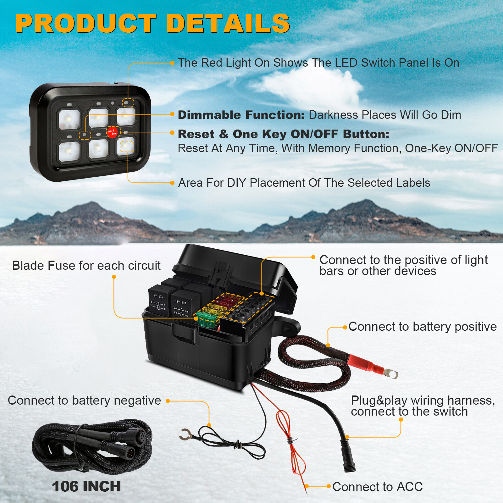 AUXBEAM Pickup 6 Gang 720W LED Work Light Control Switch Panel Relay System Blue