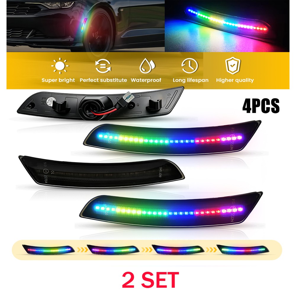 Fits 2016-23 Camaro 8X Smoked Colorful Flowing LED Front+Rear Side Marker Lights