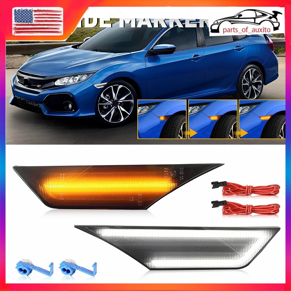 2/4x For Honda Civic 16-21 Dynamic Amber Turn Signal Side Marker White DRL Light
