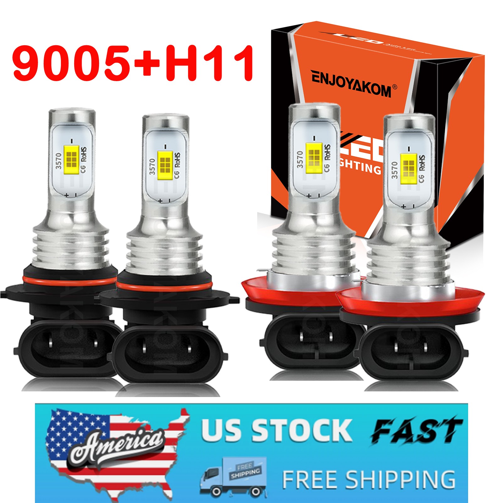 H11 9005 LED Headlight kit Combo Bulbs 10000K High&Low Beam Super Bright White