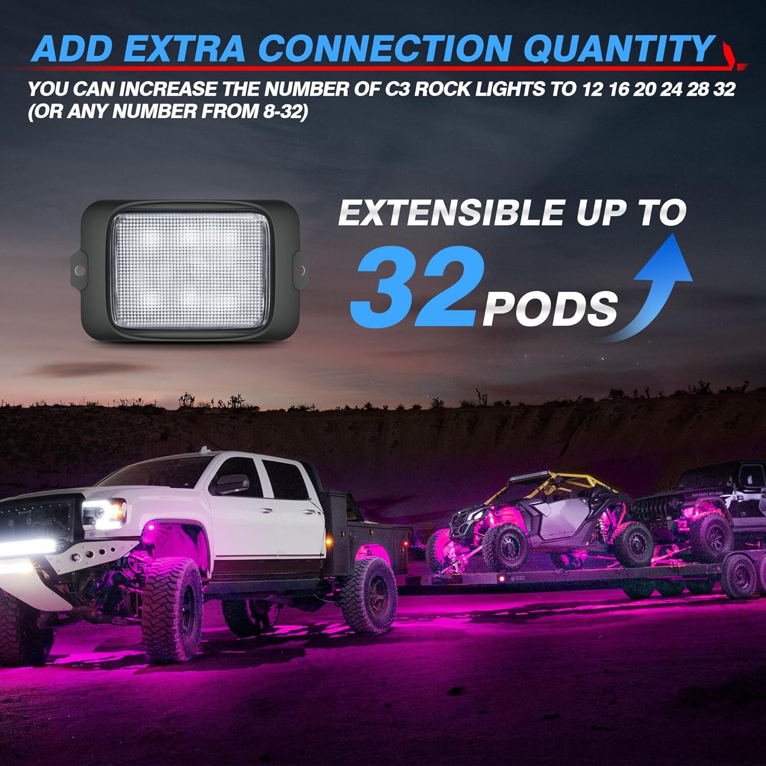 C3 Extensible RGBW LED Rock Lights, 4-24 Pods Wireless Control Underglow Lights