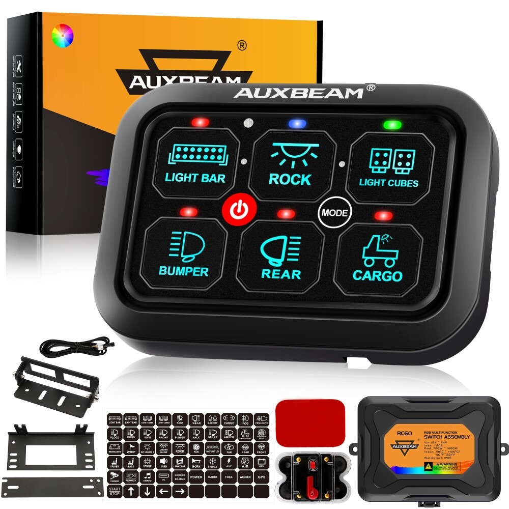 AUXBEAM 6 Gang RGB On/Off Switch Panel Toggle LED Light Circuit Relay System Kit