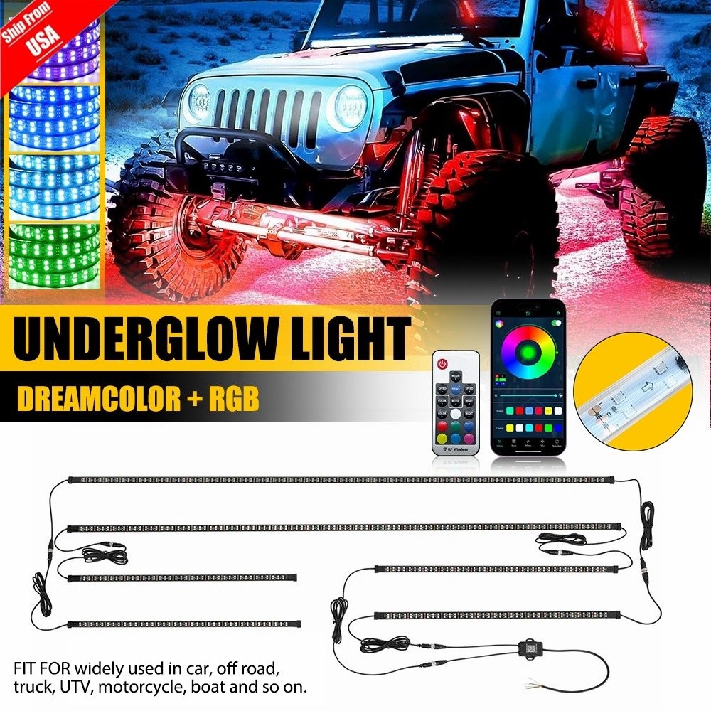 Double Row CHASING 2X 4FT +2X 6.5FT RGB Underglow Light Strips for Car Truck SET