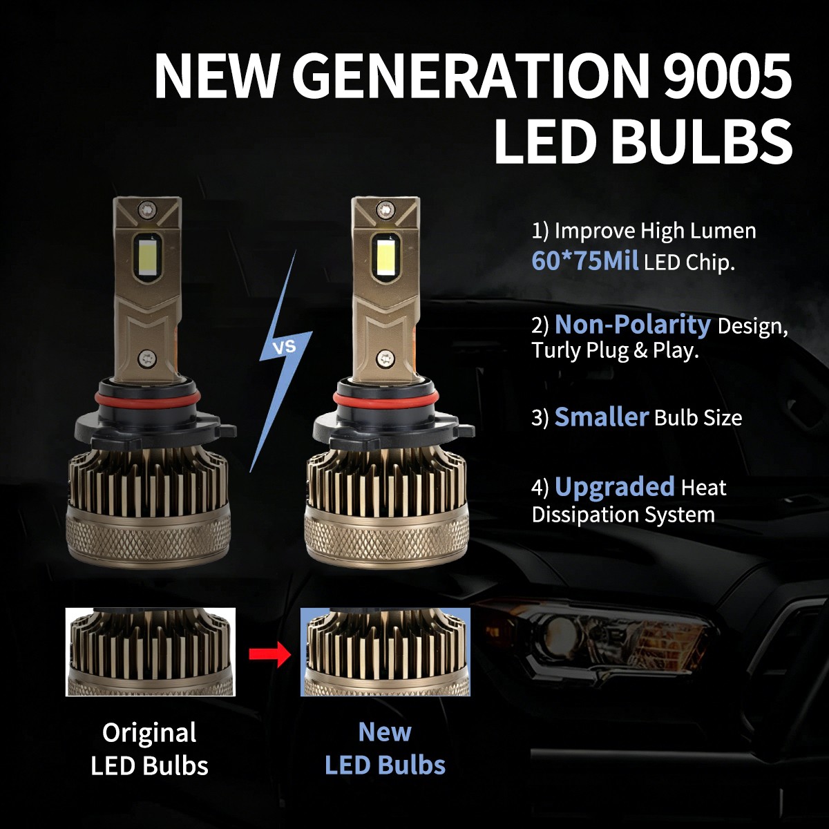 9005 LED Headlight Bulbs 6800LM 6000K Xenon White 55W High Low Beam Lamp Pair