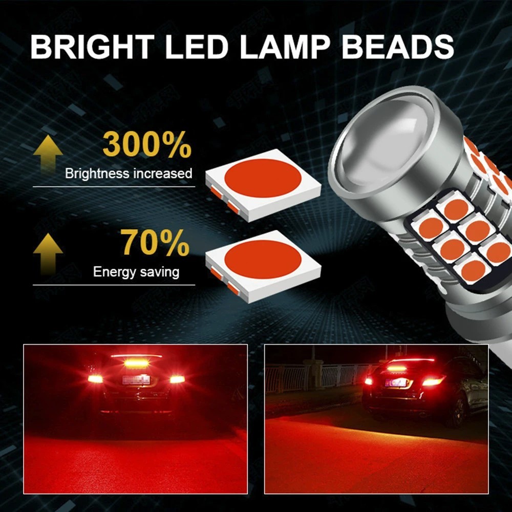4X 7443 7440 LED Strobe Brake Light Bulbs Pure Red Flash Stop Tail Light