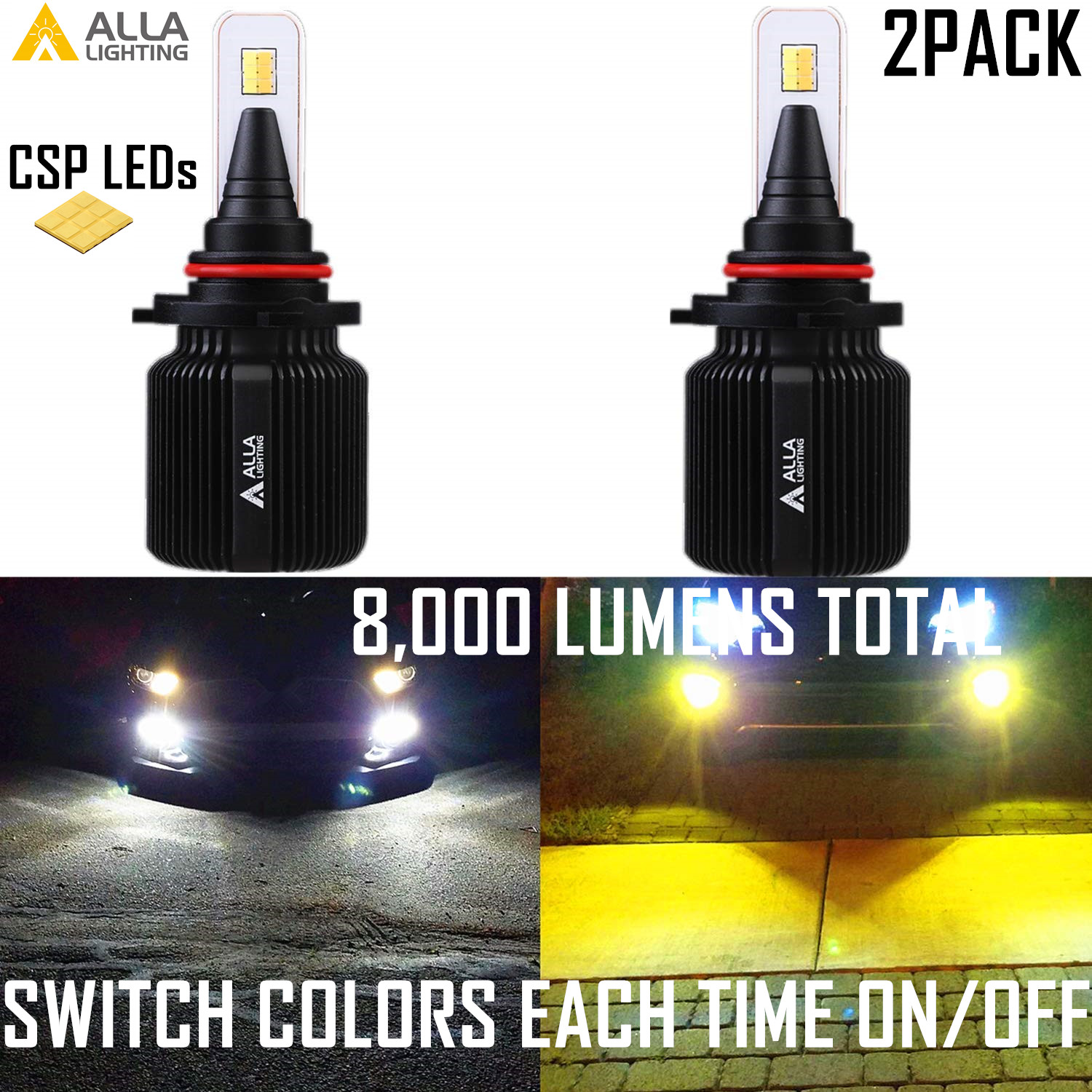 Alla 9006 LED Switchback,Fog Light Bulb|Headlight White YELLOW Bi-Color Changing