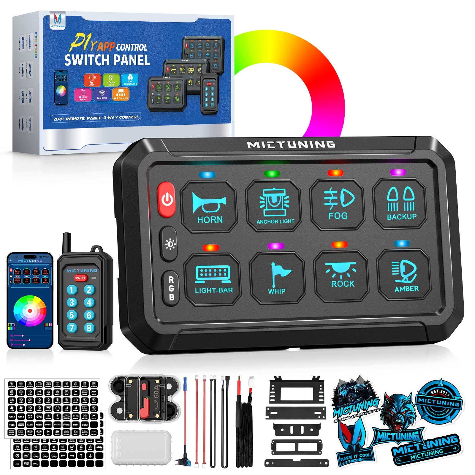 MICTUNING Wireless RGB Switch Panel 12/24v LED Circuit Remote/APP Control System