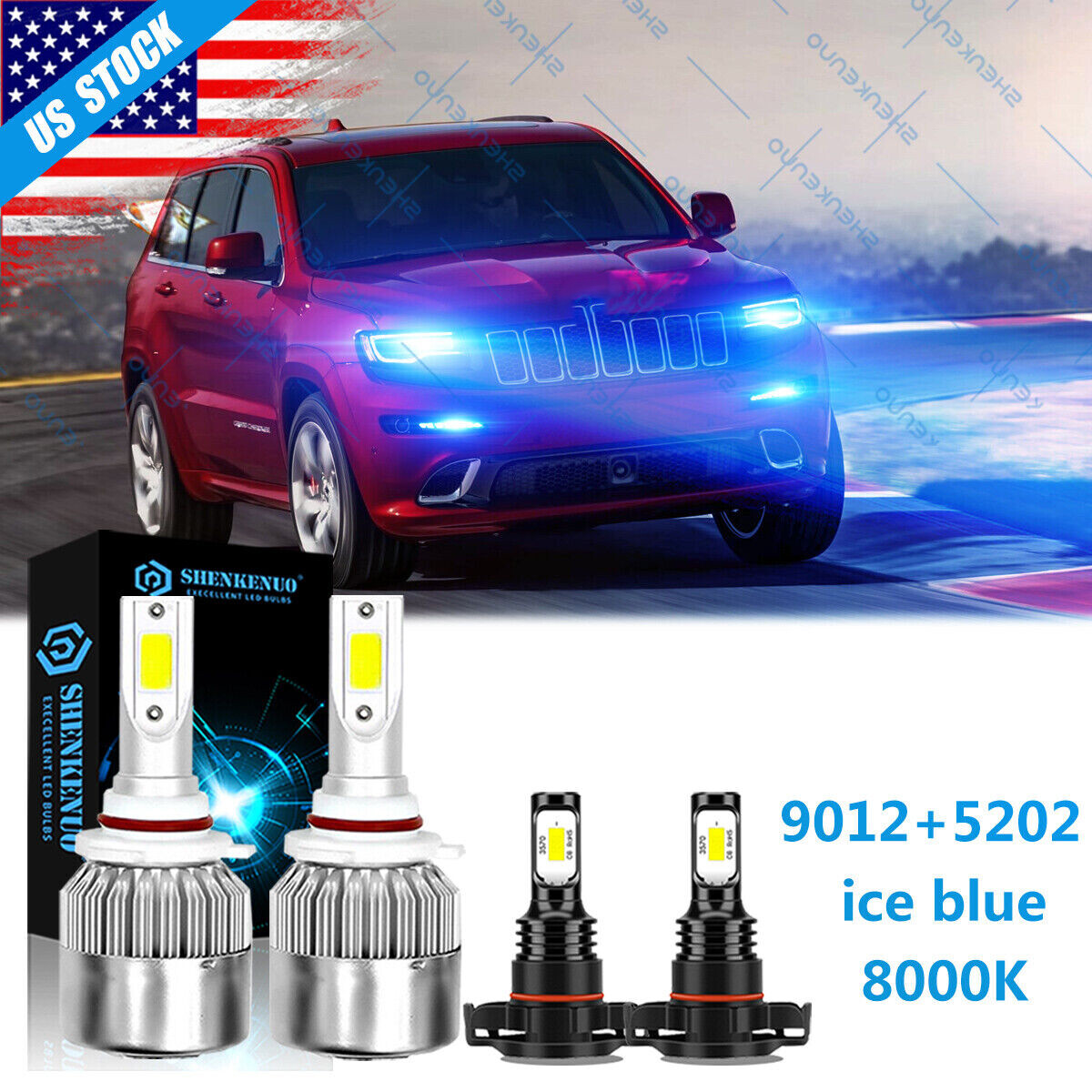 For 2014 2015 Jeep Cherokee blue 9012 LED Headlight + 5202 Fog Light Bulbs 4x