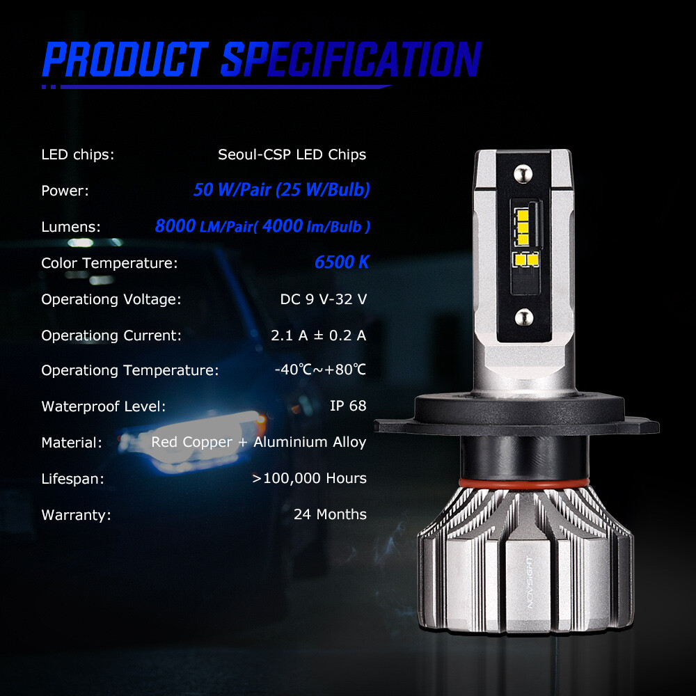 NOVSIGHT H4 9003 HB2 LED Headlight Bulbs High Low Beam 6500K Replace Xenon