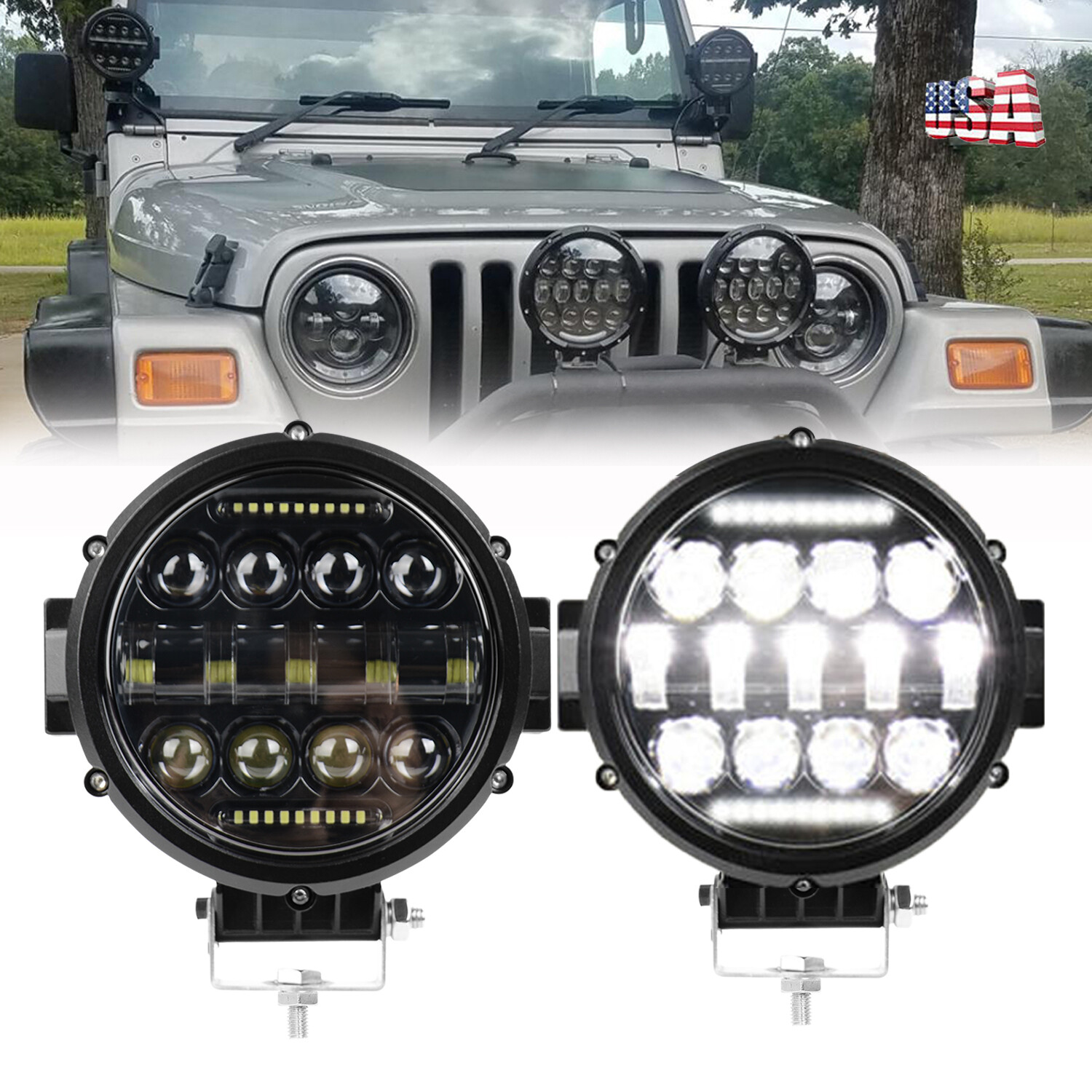 2x 7″ inch Round LED Light Bar Pods Flood Spot DRL Offroad Driving Lights Truck