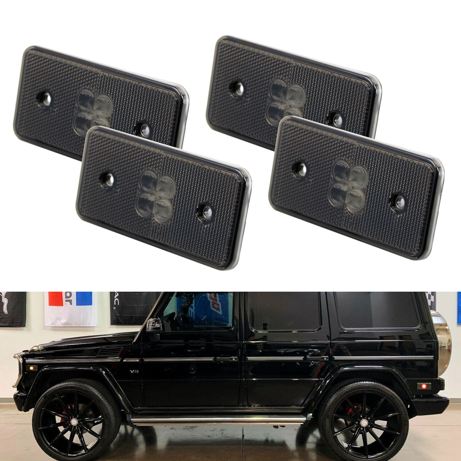 4pc Smoked Lens Amber/Red Full LED Side Marker Lights For 15-18 Mercedes G-Class