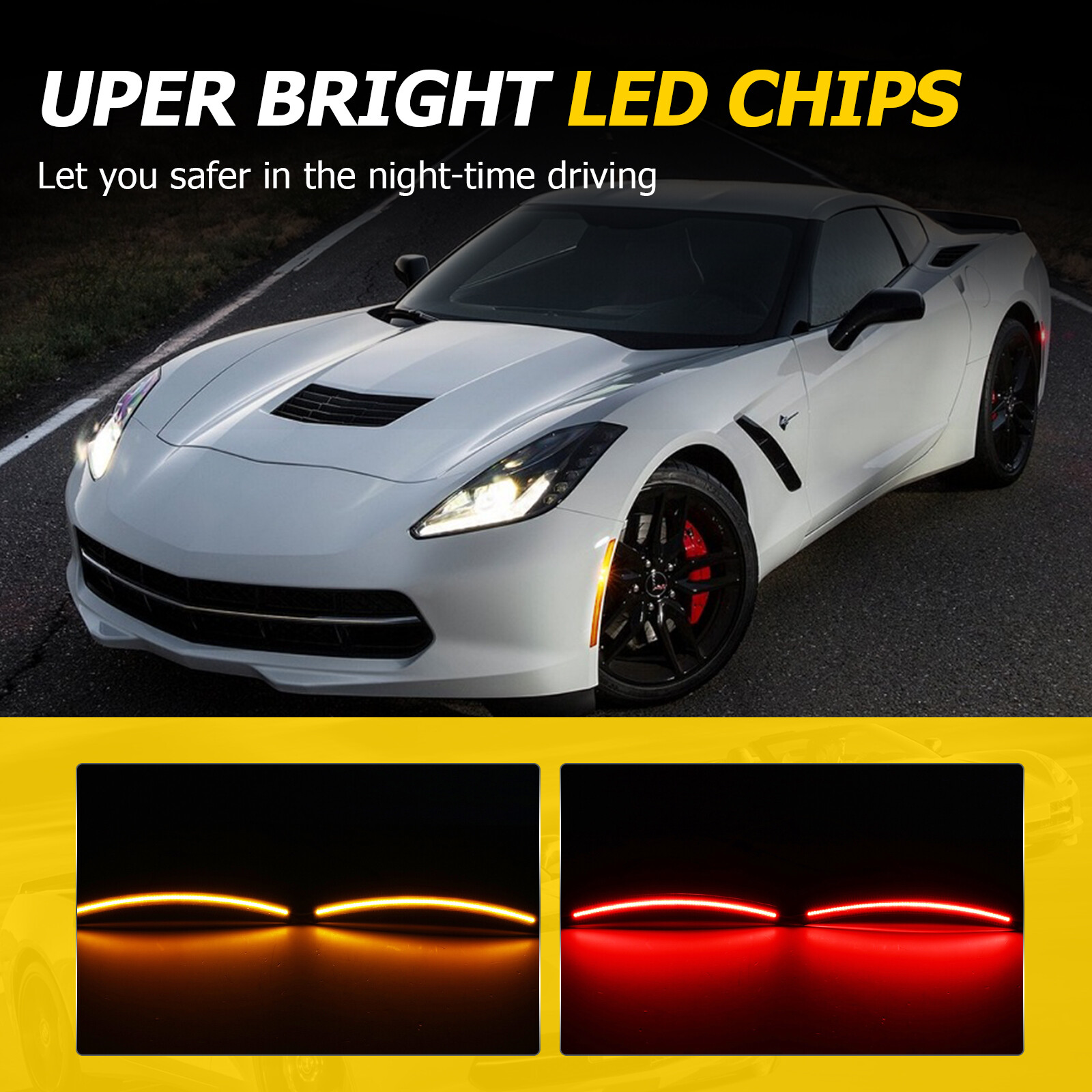 4pc Smoked Red Amber LED Front Rear Side Marker Lights For Corvette C7 2014-2019