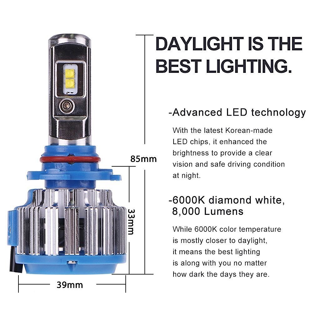 2Pcs T1 9006 HB4 Turbo LED Headlight T1 Car Light Bulb 6000K Canbus Head Lights