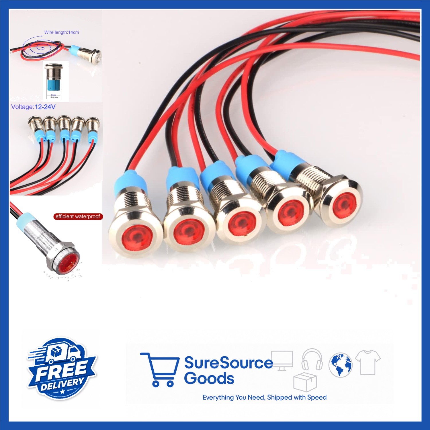 5pcs LED Metal Indicator Light Red AC/DC 12-24V Waterproof Signal Lamp