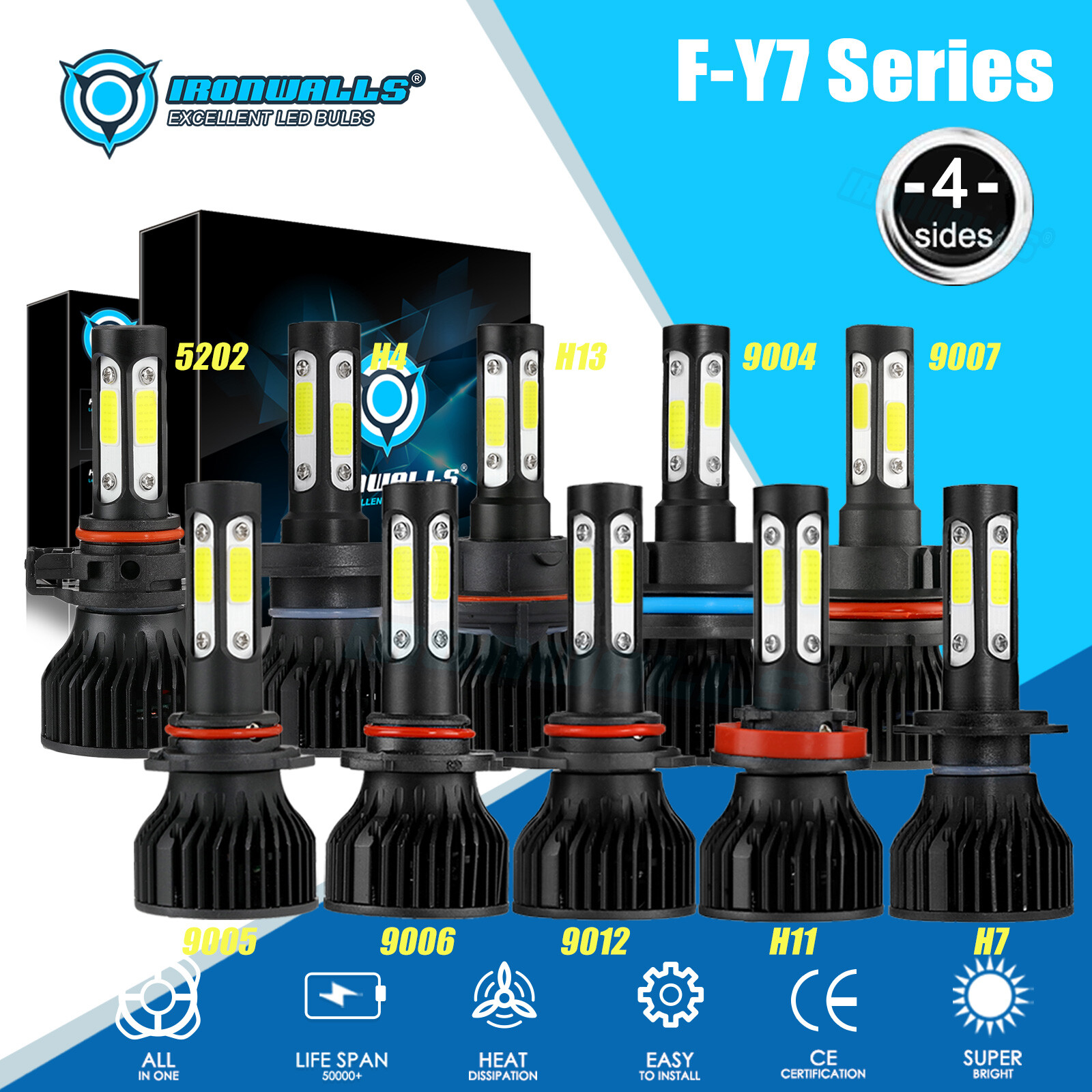 4-sides LED Headlight Canbus Bulbs Fog Lamp Perfect Beam Pattern Replace Halogen