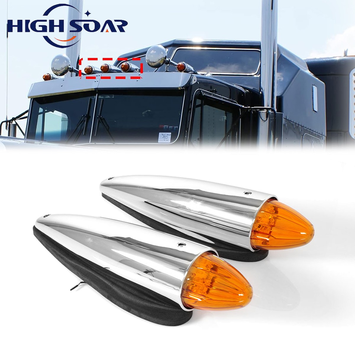 2x 19 LED Amber Torpedo Cab Marker Roof Running Top Lights Chrome Assembly 12V