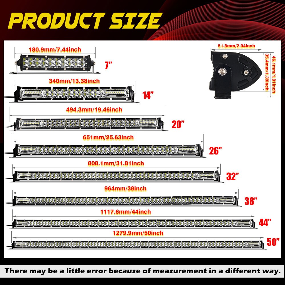 Dual Row 7″-52″ Slim LED Light Bar Spot Flood Combo Fog Offroad Car Trucks 4WD