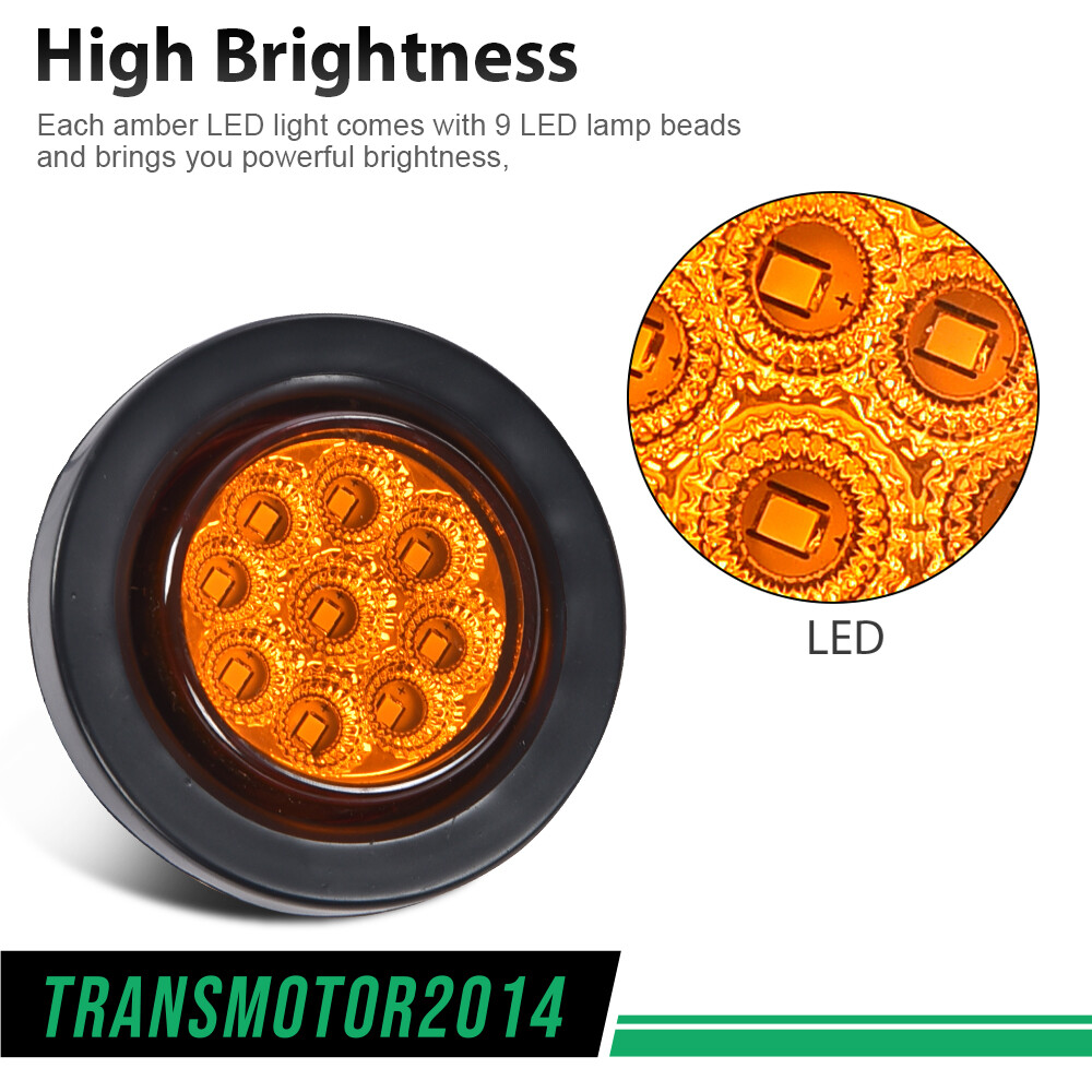 2x Amber 2″ Inch Round 9 LED Side Marker Clearance Lights Truck Trailer Lamp 12V