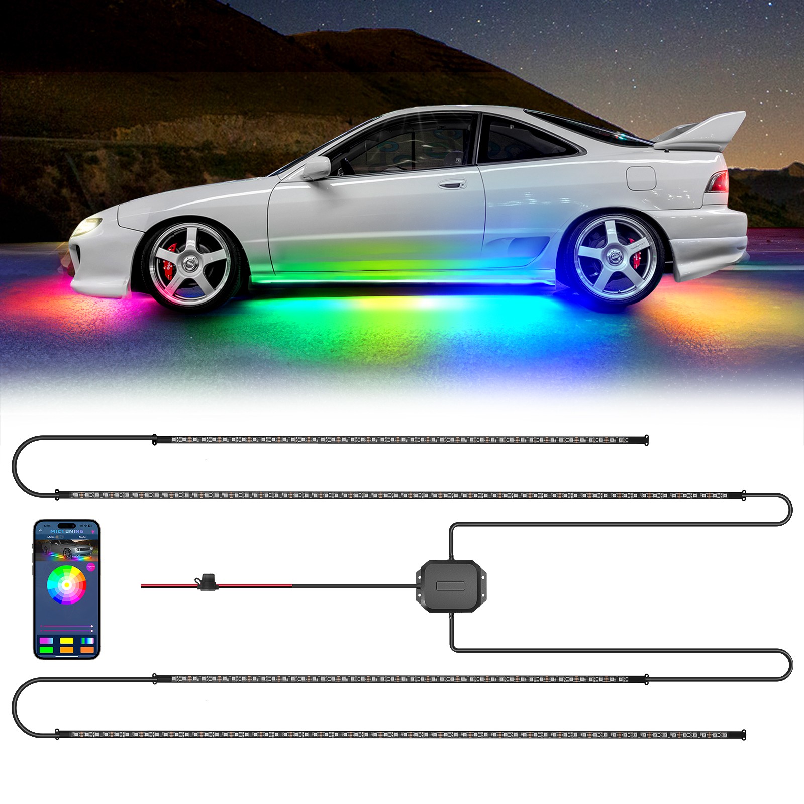 N3 Dream Color RGB Car Light Strips, Underglow Underbody Neon Chasing Light IP67