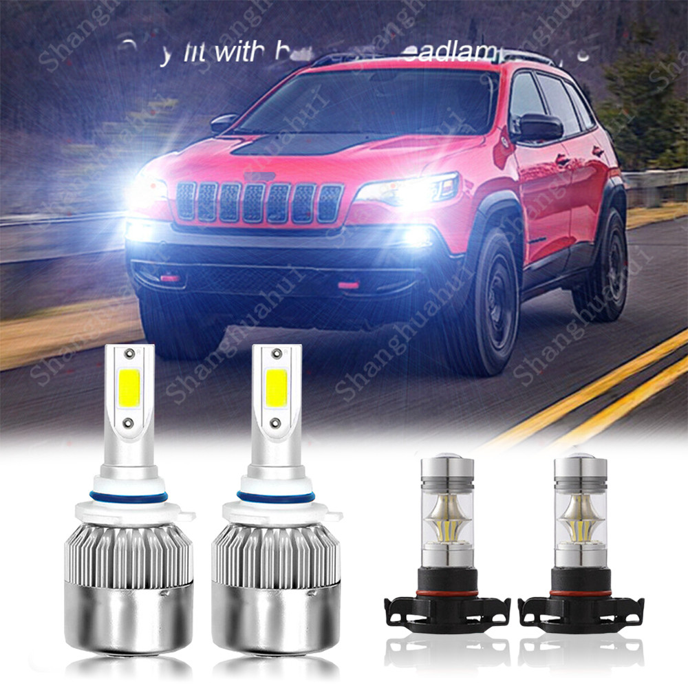 For Jeep Cherokee 2016-2019 6000K 4x LED Headlight Hi/Lo + Fog Light Bulbs Kits